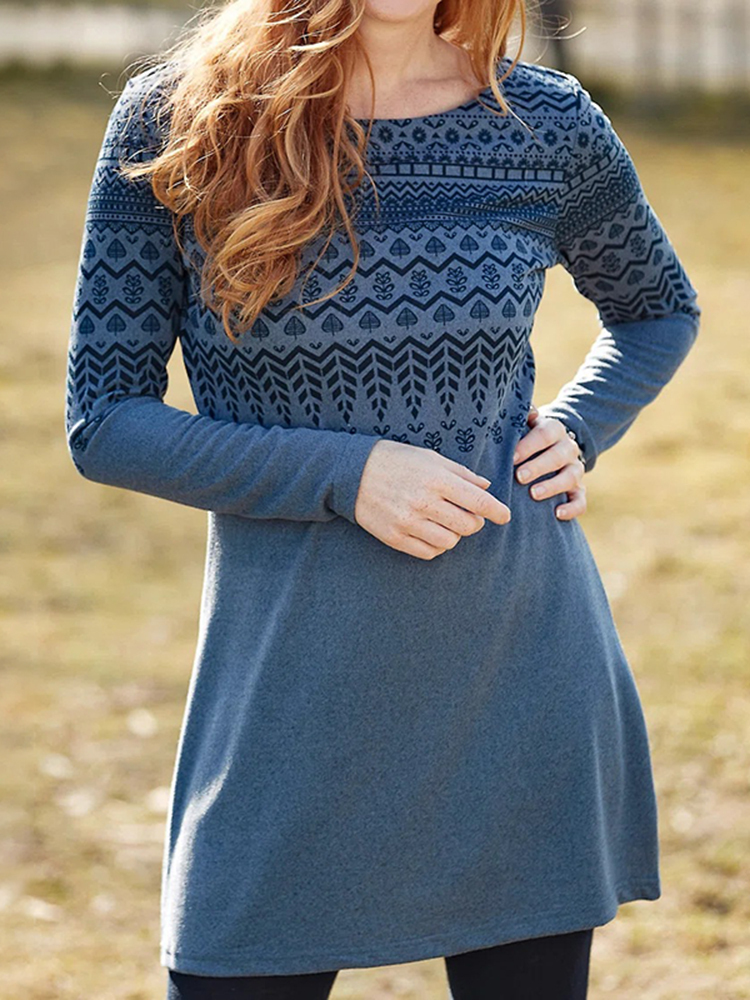 Casual Loose Crew Neck Ethnic Print Mini Dress-Datalatt