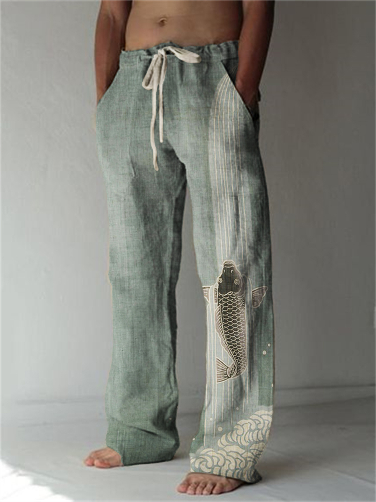 Upstream Carp Japanese Art Linen Blend Casual Pants-Datalatt