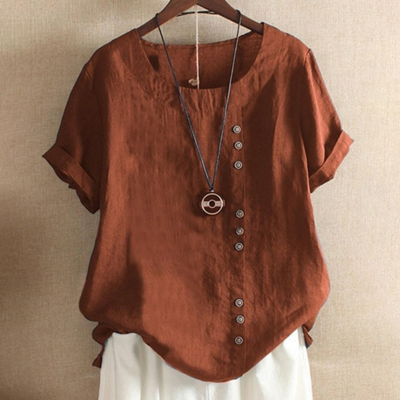 Round Neck Solid Color Buttons Short Sleeves T-shirt-Datalatt
