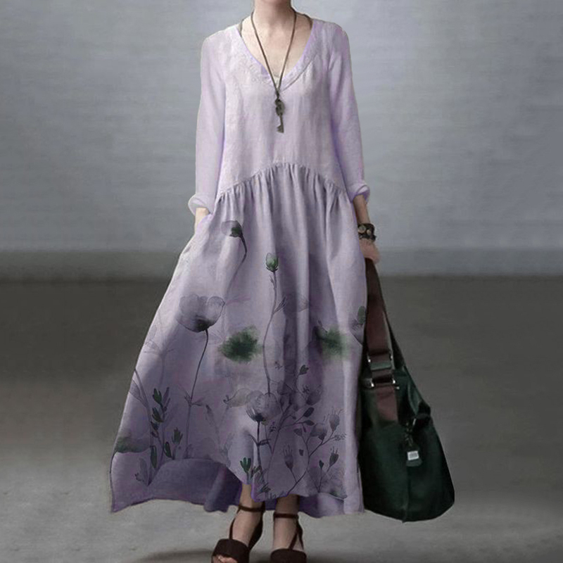 Japanese Art Floral Printed Long Sleeve V-neck Midi Dress-Datalatt