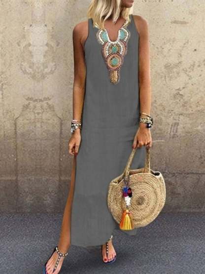 Ladies Cotton Linen V-Neck Sleeveless Dress-Datalatt