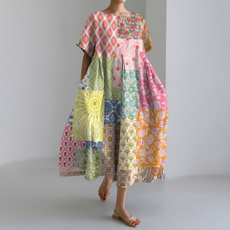 Japanese Art Print Loose Midi Dress-Datalatt
