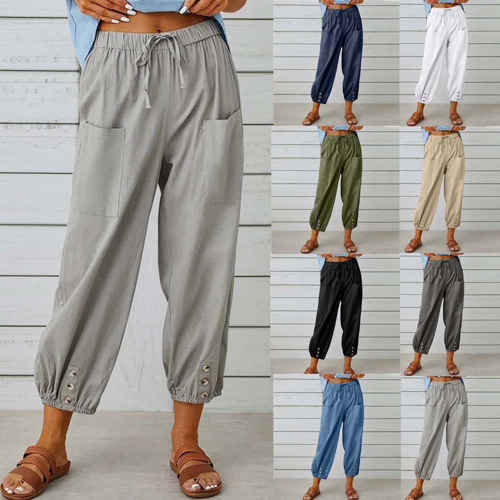 Solid Color Casual With Pocket Buttons Cotton Linen Trousers-Datalatt
