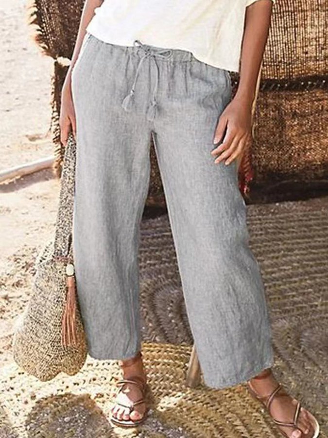 Women's Cotton Linen Drawstring Casual Cropped Pants-Datalatt
