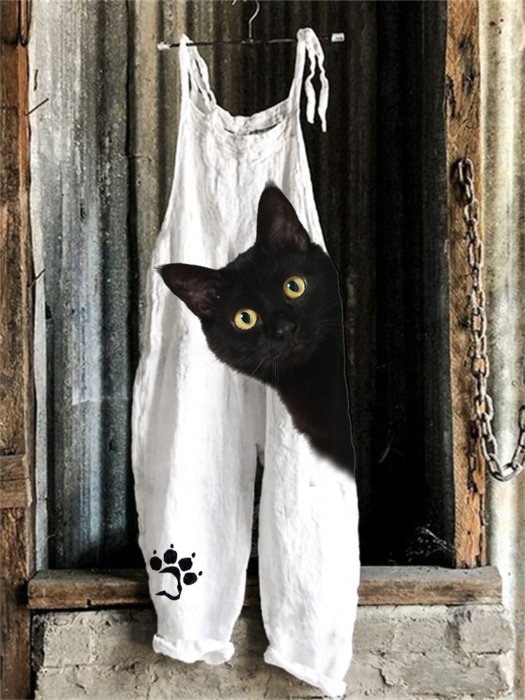 Black Cat Peeking Paw Print Loose Jumpsuit-Datalatt