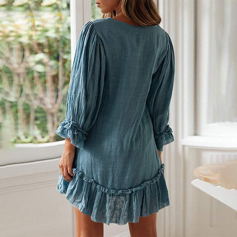 Vintage Plain V Neck Button Ruffle Long Sleeve Mini Dress-Datalatt