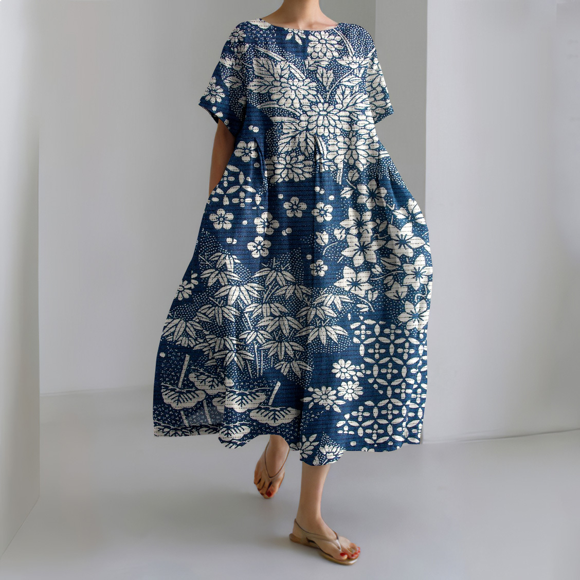 Vintage Japanese Art Flower Print Short Sleeve Loose Midi Dress-Datalatt