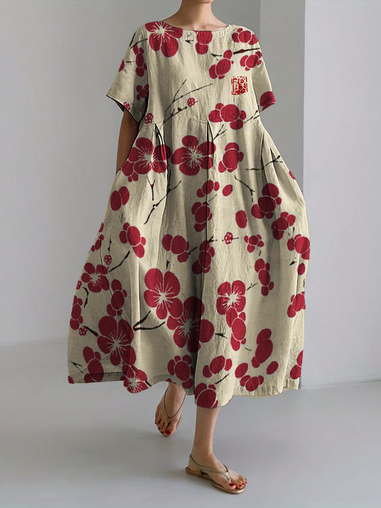 Cherry Blossom Japanese Lino Art Linen Blend Maxi Dress-Datalatt