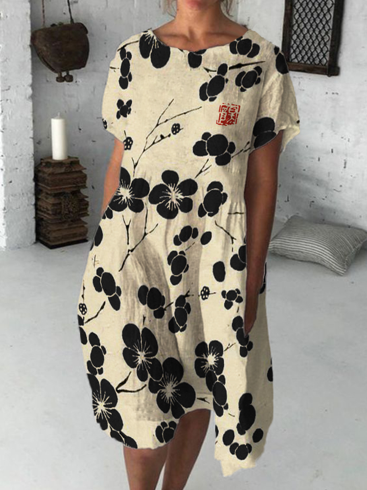 Cherry Blossom Japanese Lino Flowy Midi Dress-Datalatt