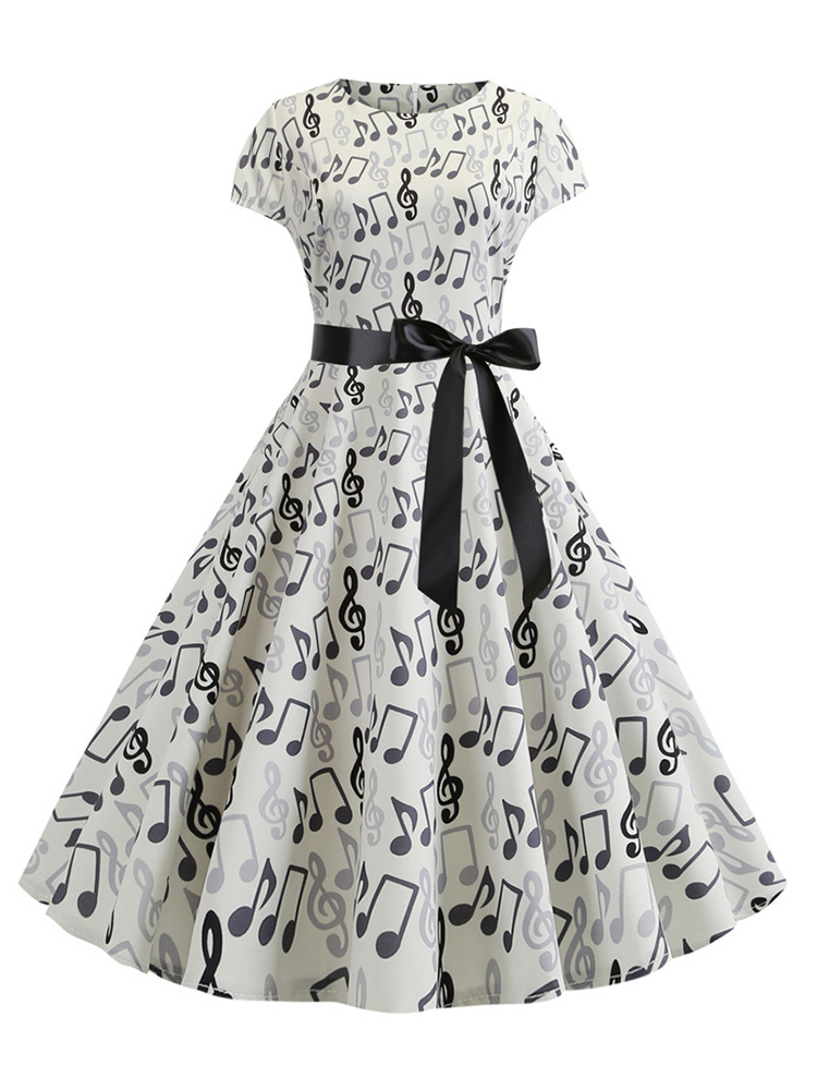 Elegant Music Notes Pleateed Wide Skirt Midi Dress-Datalatt