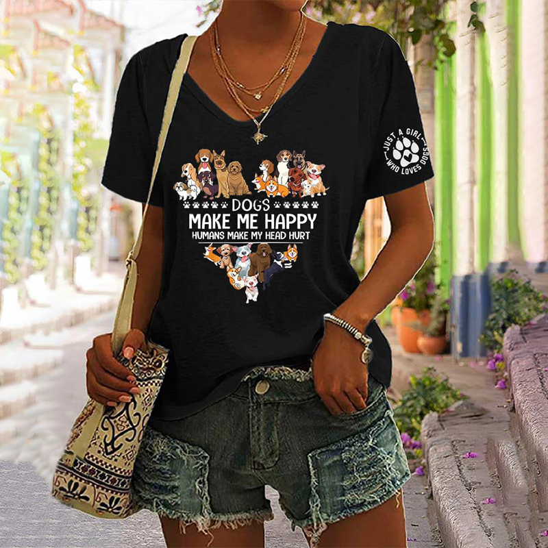 Just A Girl Who Loves All Her Dogs Print V-Neck T-Shirt-Datalatt
