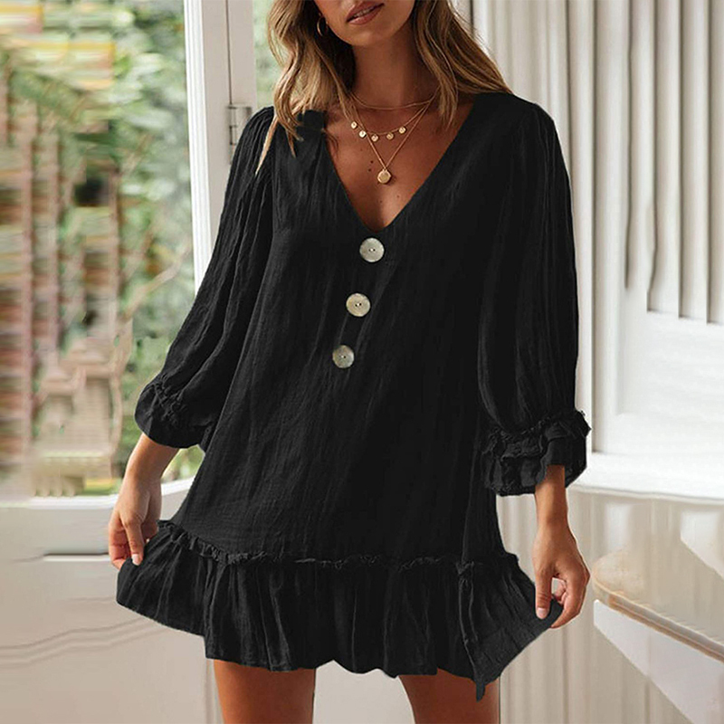 Vintage Plain V Neck Button Ruffle Long Sleeve Mini Dress-Datalatt