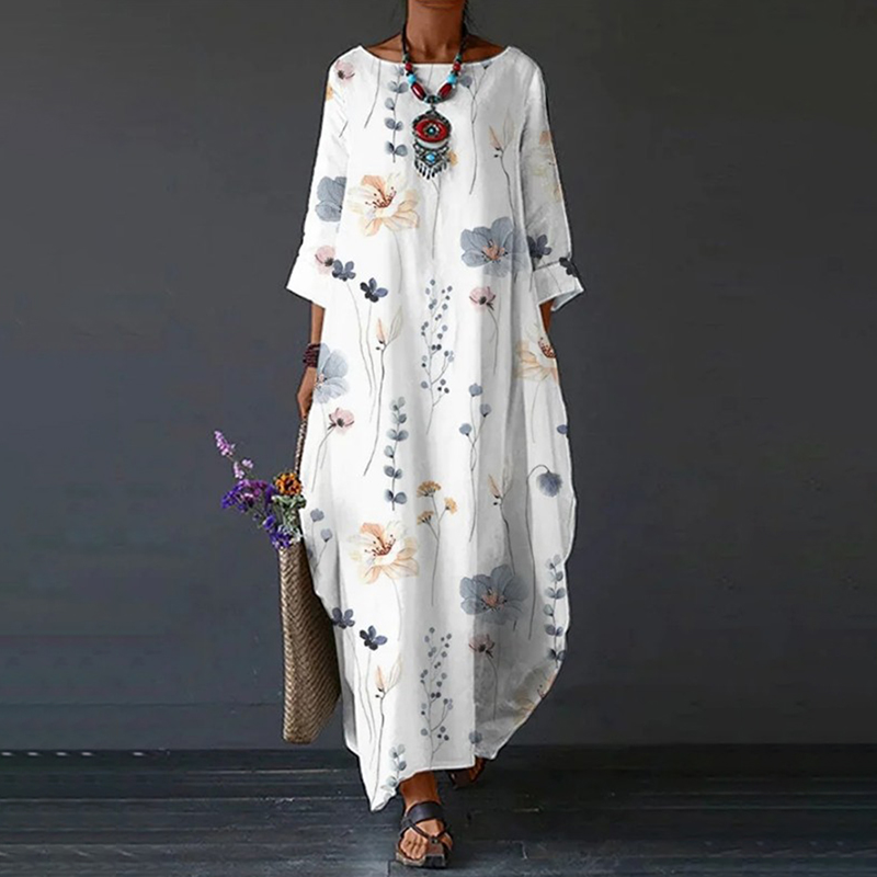 Women's Floral Print Loose Cotton Linen Maxi Dress-Datalatt