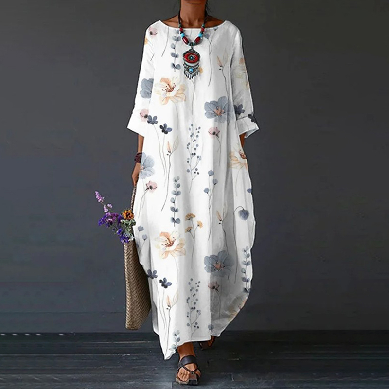 Women's Floral Print Loose Cotton Linen Maxi Dress-Datalatt