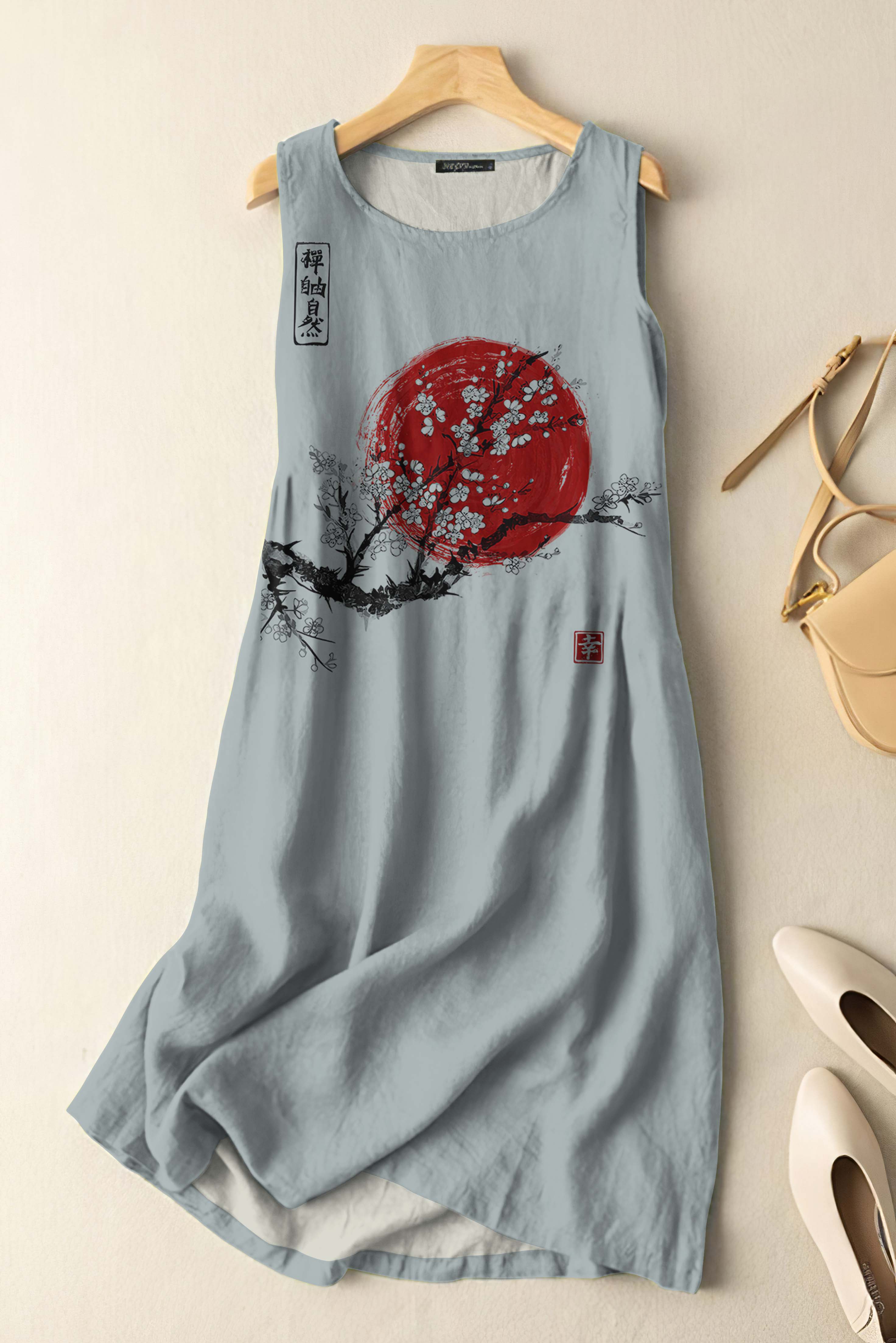 Vintage Japanese Ink Flower Sunrise Art Print Sleeveless Cotton And Linen Midi Dress-Datalatt