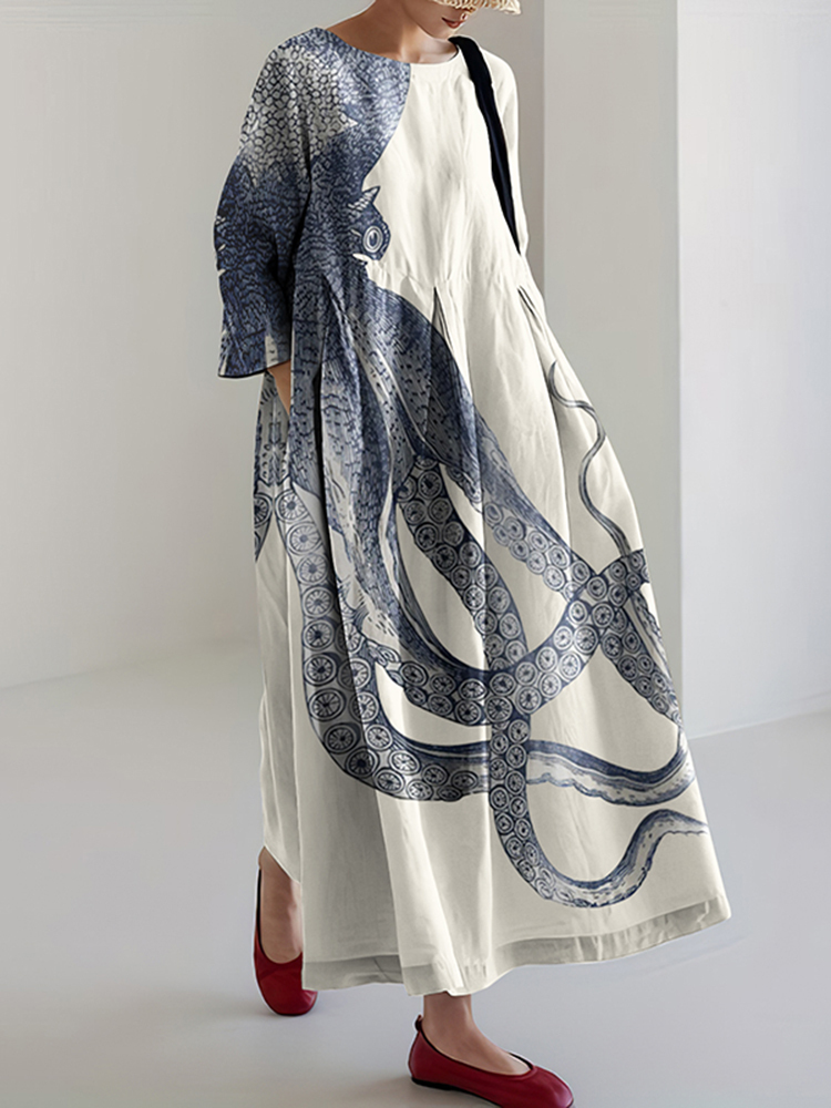 Japanese Art Octopus Print Casual Art Linen Blend Long Sleeve Maxi Dress-Datalatt