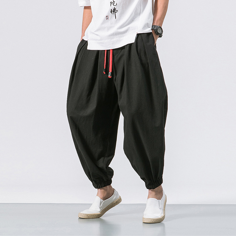 Men's Vintage Elastic Waist Drawstring Casual Loose Cotton Linen Pants-Datalatt