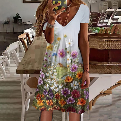 Floral Print V-Neck Short Sleeved Midi Dress-Datalatt