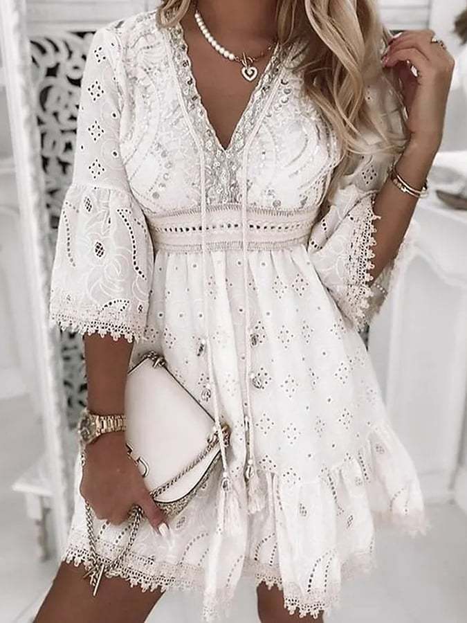 Women's Lace Embroidery Hollow Out Ruched V Neck Stylish Modern Party Dress-Datalatt