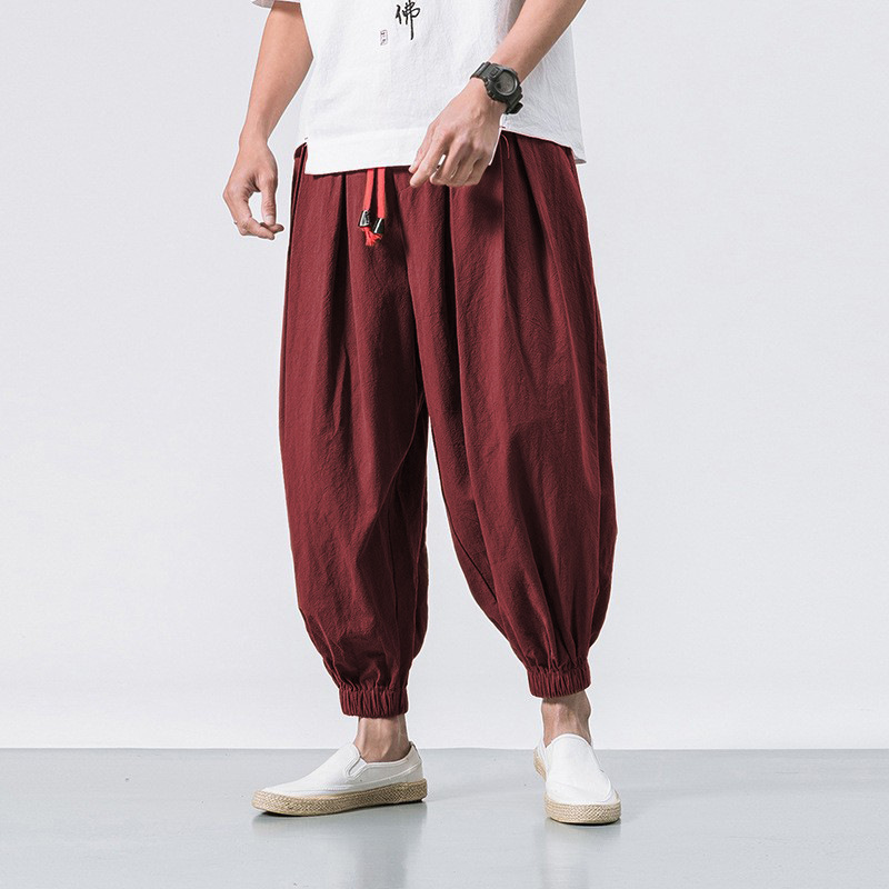 Men's Vintage Elastic Waist Drawstring Casual Loose Cotton Linen Pants-Datalatt
