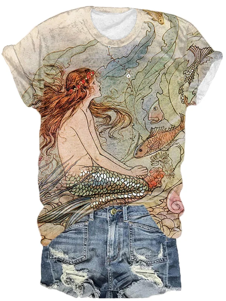 Women's Vintage Mermaid Print T-Shirt-Datalatt