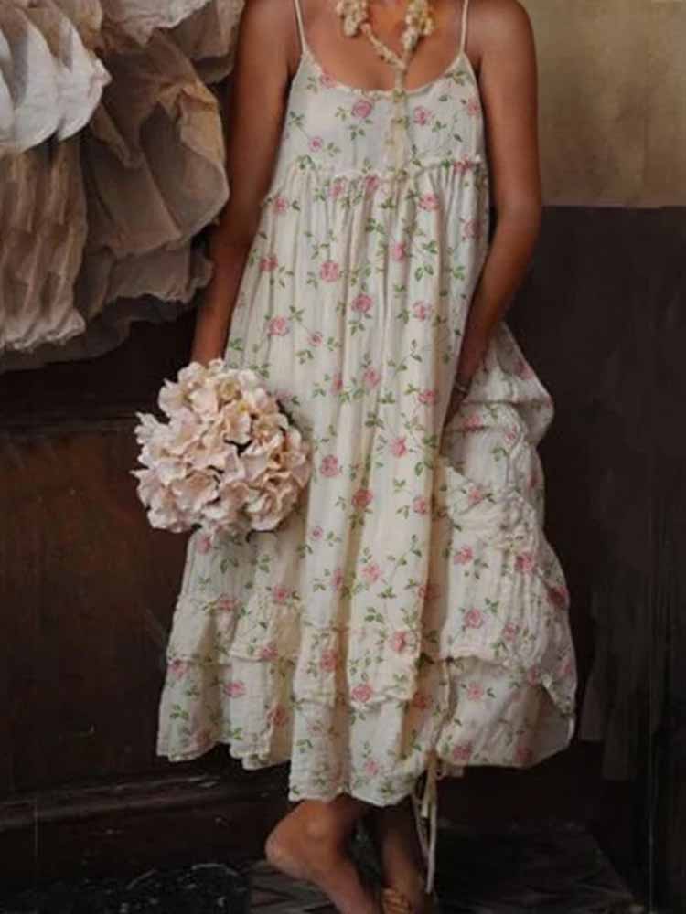 Vintage Floral Printed Sleeveless Loose Maxi Dress-Datalatt