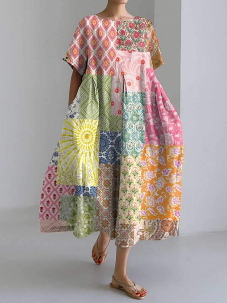 Japanese Art Print Loose Midi Dress-Datalatt