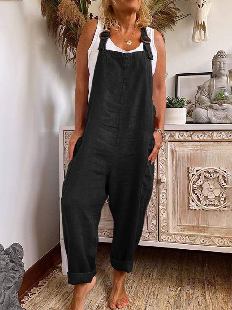 Vintage Cotton Linen Pocket Comfy Jumpsuit-Datalatt