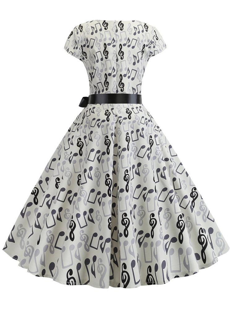 Elegant Music Notes Pleateed Wide Skirt Midi Dress-Datalatt