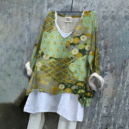 Vintage Japanese Art Print V-Neck Loose Blouse-Datalatt
