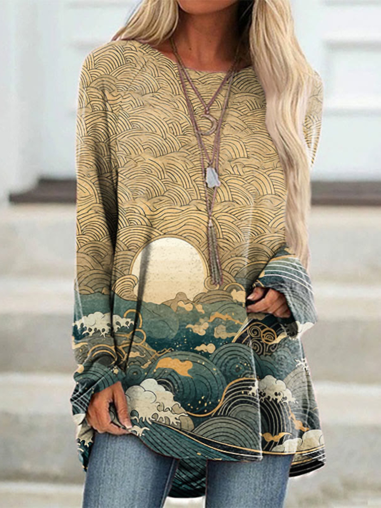 Wearshes Ancient Japanese Style Wave Print Cozy Long Sleeved Tunic-Datalatt