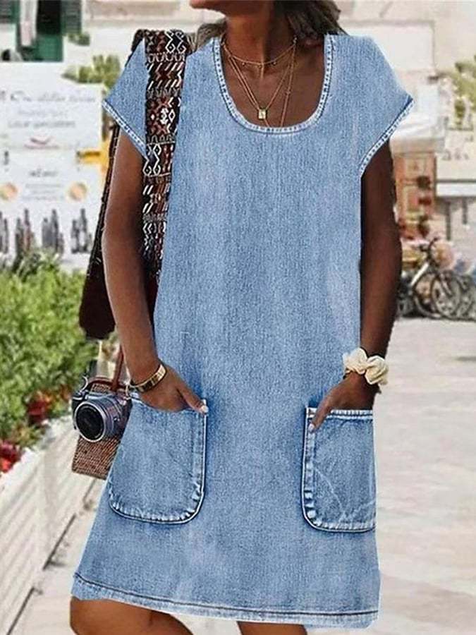 Women's Casual Solid Color U-Neck Denim Dress-Datalatt