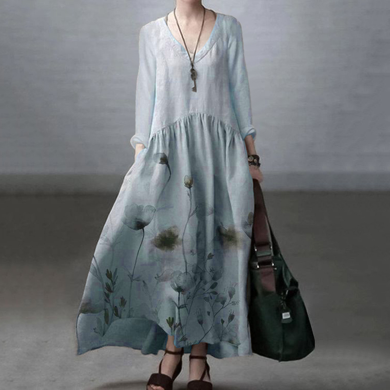 Japanese Art Floral Printed Long Sleeve V-neck Midi Dress-Datalatt