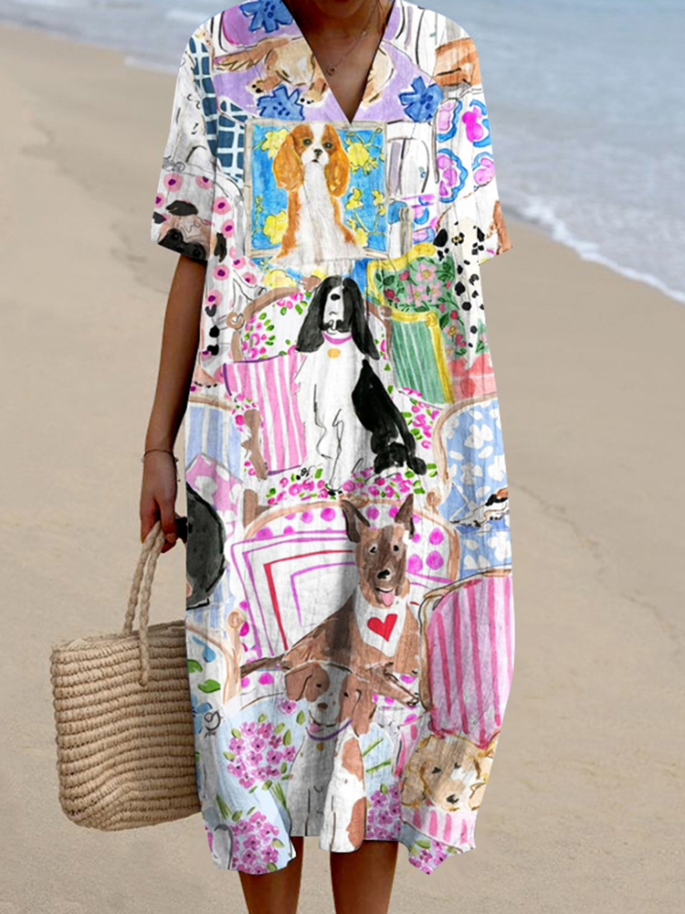 Dog Art Print V-Neck Short Sleeved Midi Dress-Datalatt