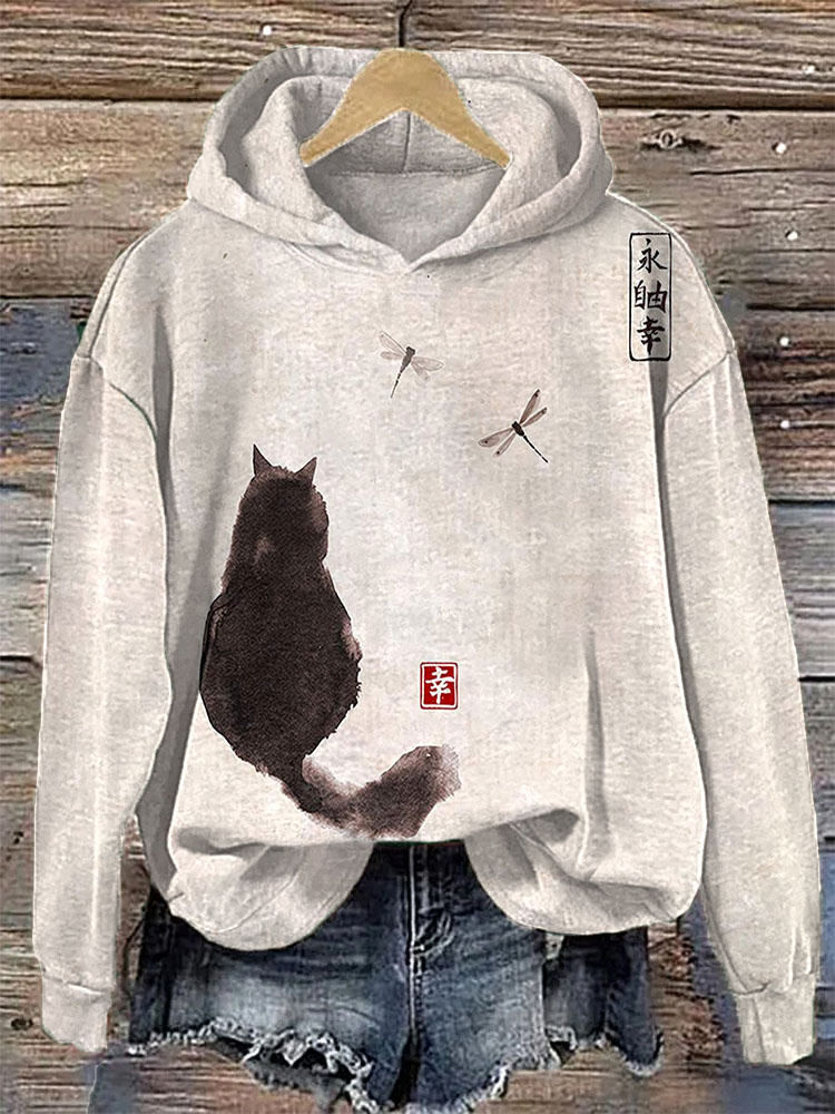 Ink Painting Black Cat Japanese Art Print Retro Hooded Sweatshirt-Datalatt