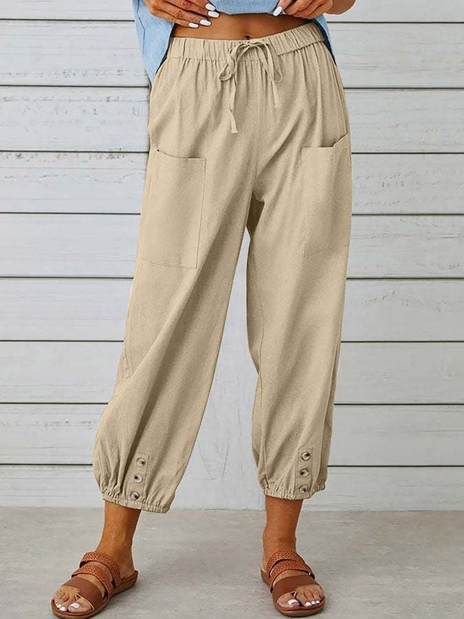 Solid Color Casual With Pocket Buttons Cotton Linen Trousers-Datalatt