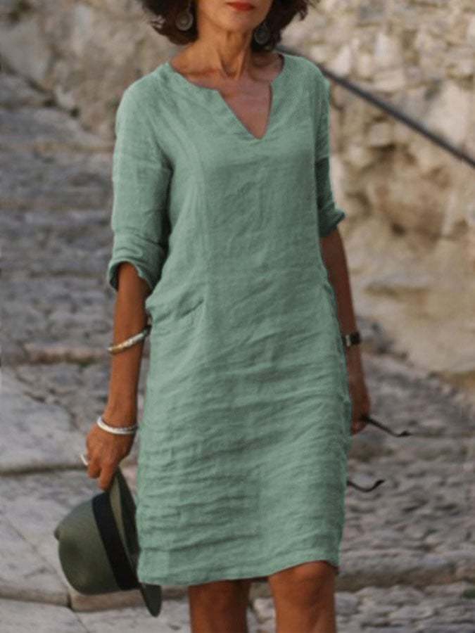 Casual Cotton And Linen Solid Color Dress-Datalatt