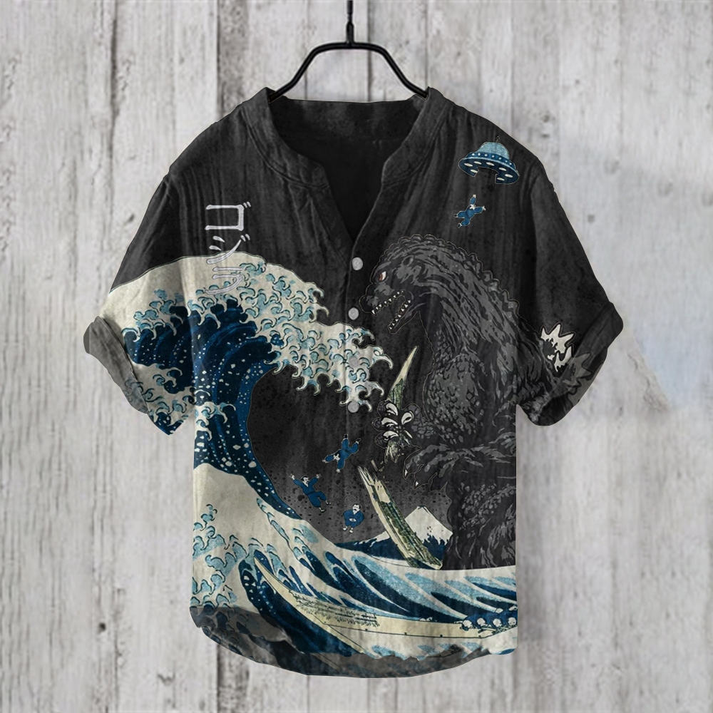 The Great Waves And Godzilla Japanese Art Print Henry Collar Shirt-Datalatt