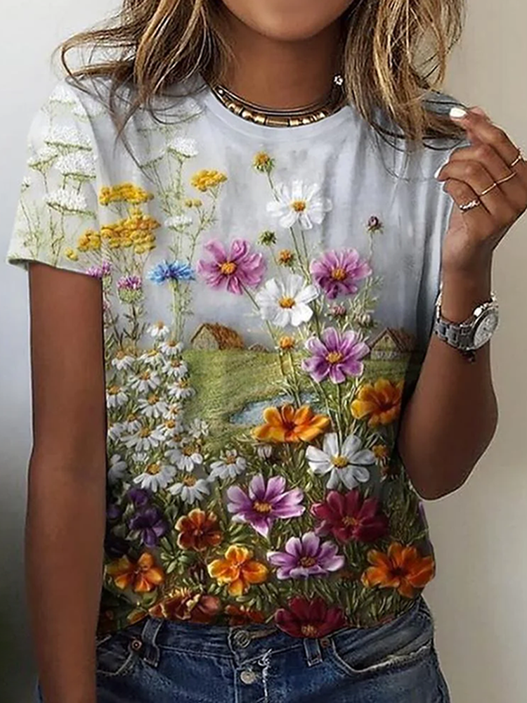 Floral Print Short Sleeve Casual T-Shirt-Datalatt