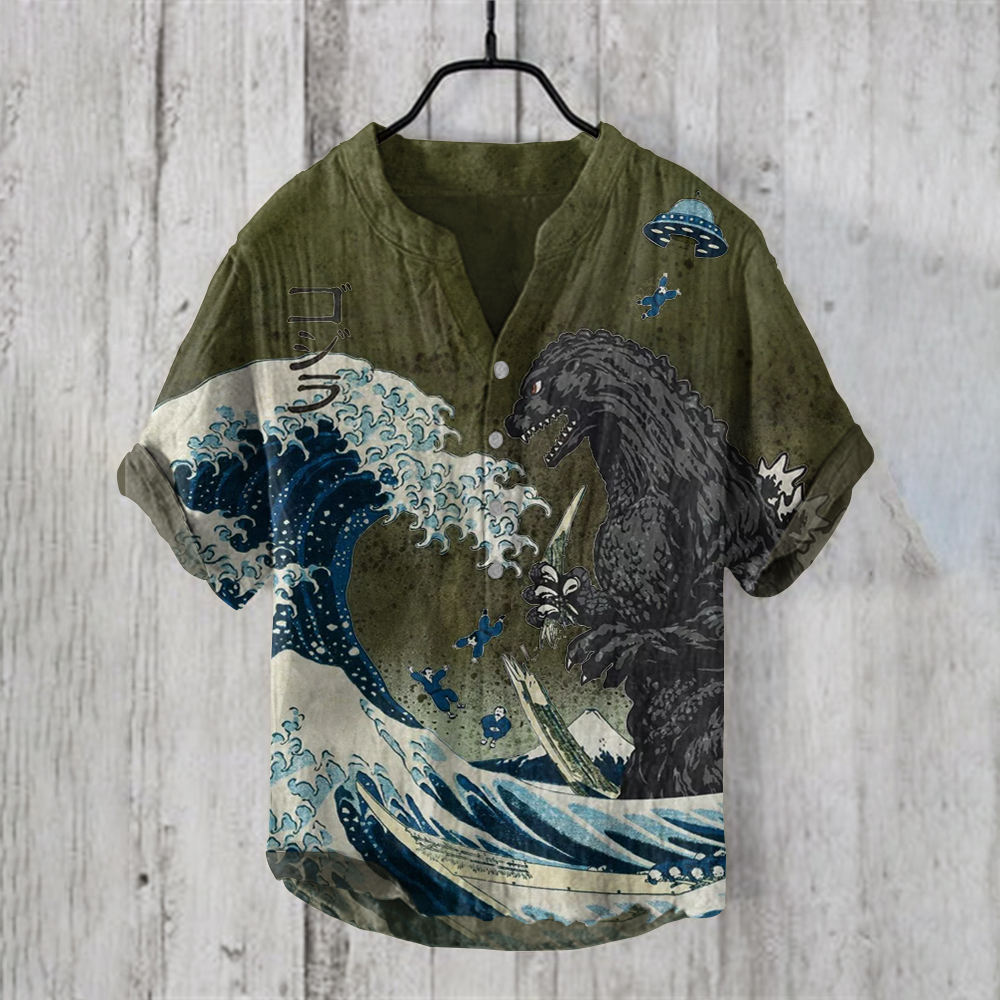 The Great Waves And Godzilla Japanese Art Print Henry Collar Shirt-Datalatt