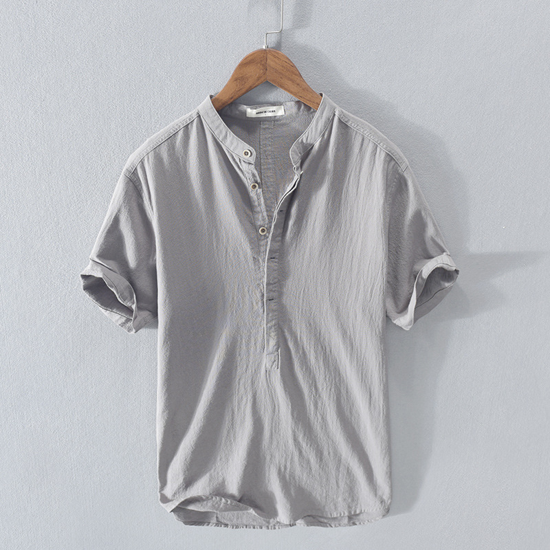 Men's Vintage Button Down Casual V Neck Linen Blend Shirt-Datalatt