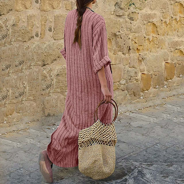 Vintage Stripes V Neck Casual Maxi Dress-Datalatt
