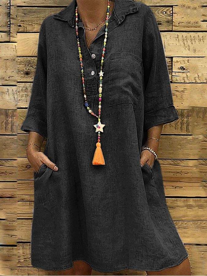 Ladies Plus Size 3/4 Sleeve Shirt Collar Casual Midi Dress