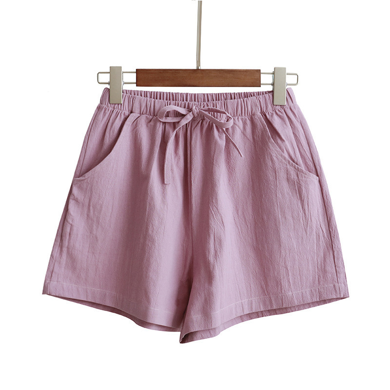 Women's Elastic Waist Pocket Linen Casual Short Pants-Datalatt