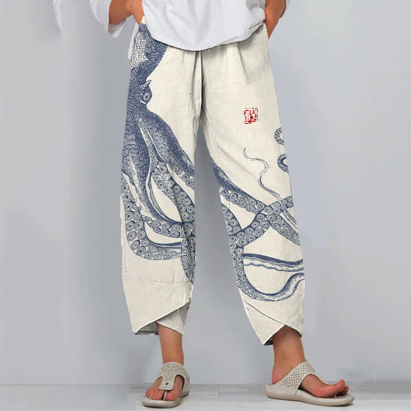 Japanese Octopus Art Print Loose Casual Pants-Datalatt