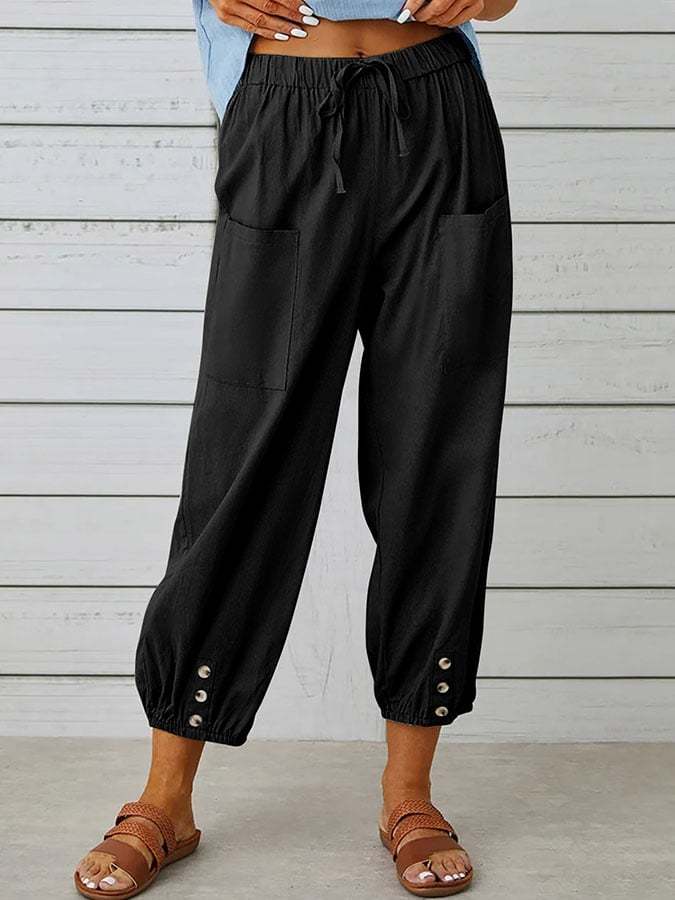 Solid Color Casual With Pocket Buttons Cotton Linen Trousers-Datalatt