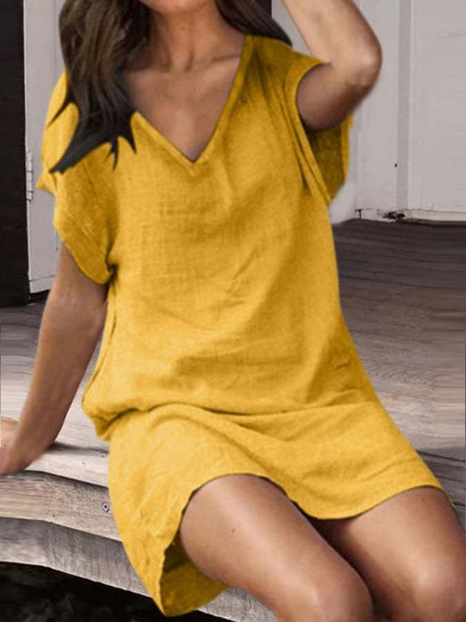 Women's V-Neck Solid Color Cotton Linen Midi Dress-Datalatt
