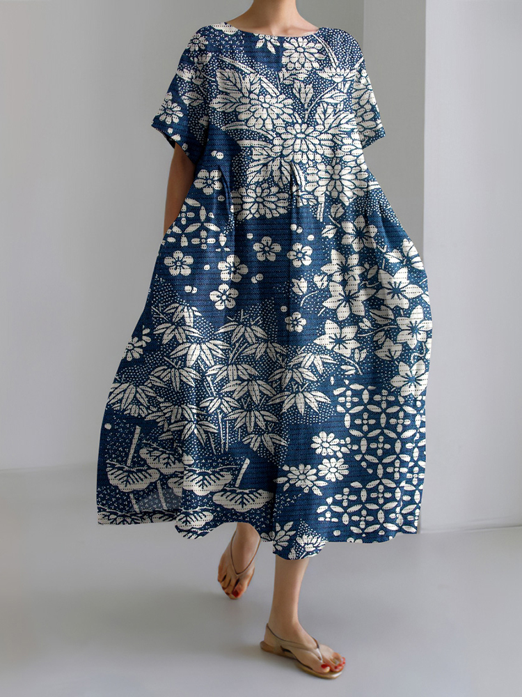 Vintage Japanese Art Flower Print Short Sleeve Loose Midi Dress-Datalatt
