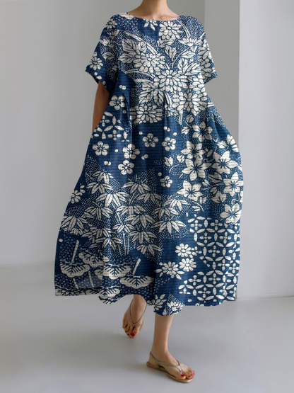 Vintage Japanese Art Flower Print Short Sleeve Loose Midi Dress-Datalatt