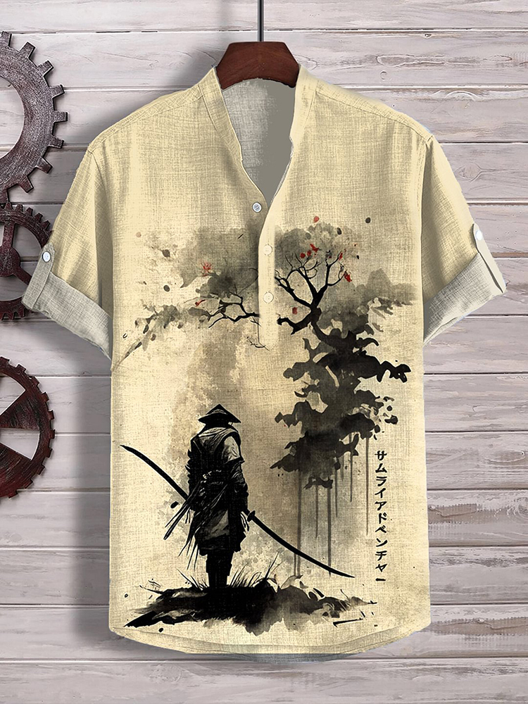 Men's Japanese Samurai Ink Art Print Half Button Shirt-Datalatt